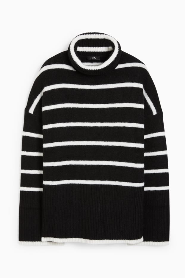 Women - Polo neck jumper - striped - black