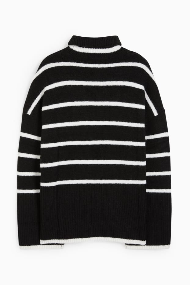 Women - Polo neck jumper - striped - black