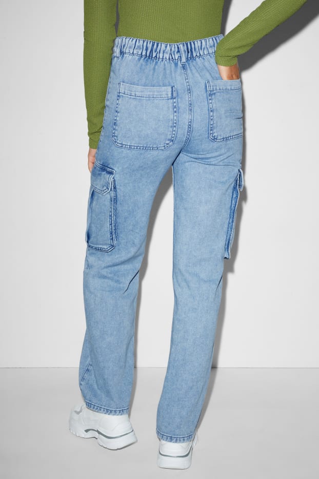 Women - Straight cargo jeans - high waist - denim-light blue