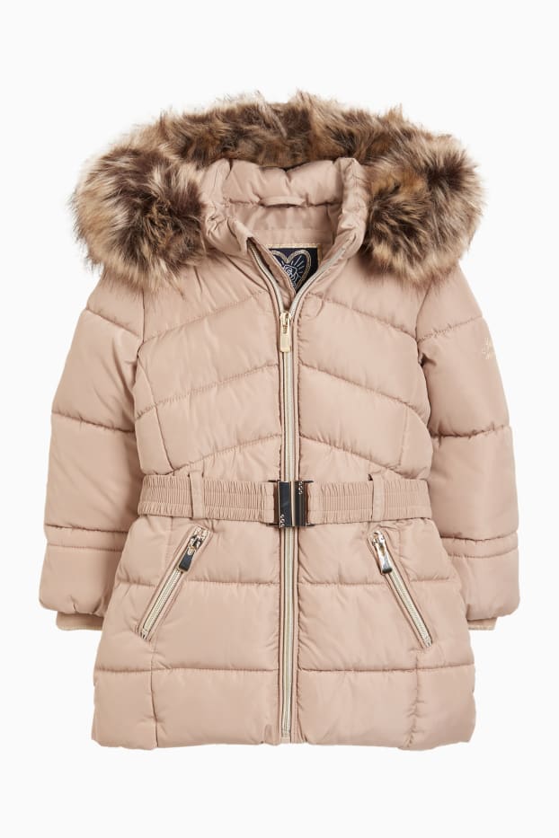 Bambine - Giacca trapuntata con cappuccio e inserto di ecopelliccia. - marrone chiaro