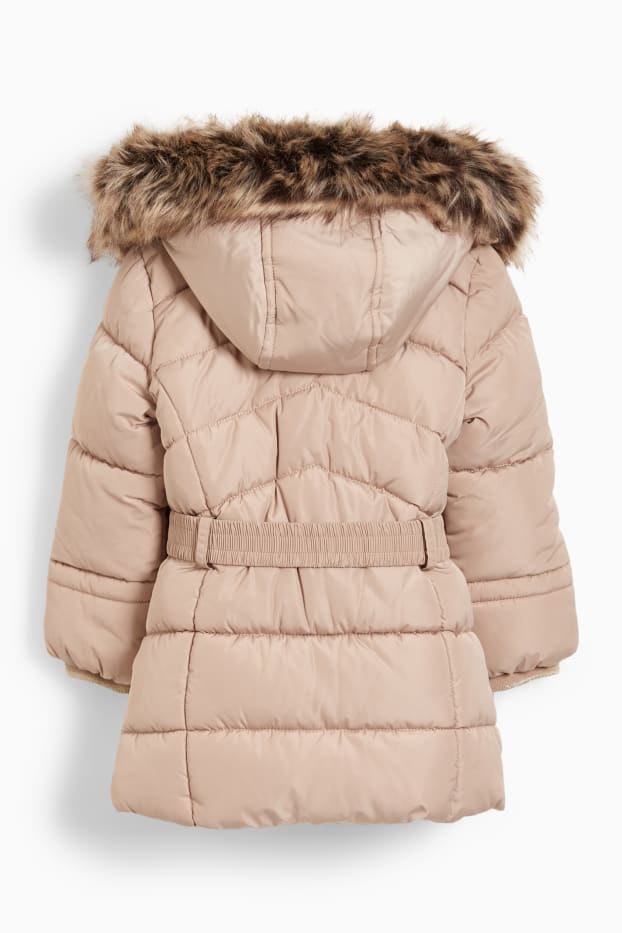 Bambine - Giacca trapuntata con cappuccio e inserto di ecopelliccia. - marrone chiaro