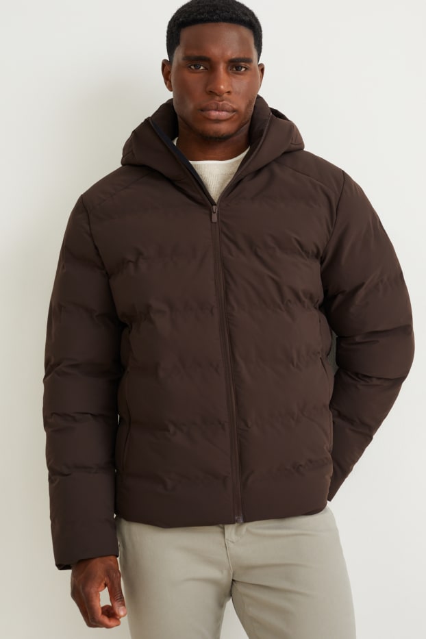 Men - Quilted jacket with hood - water-repellent - dark brown