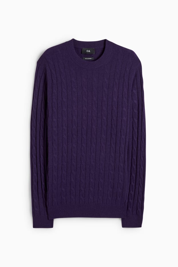 Men - Jumper with cashmere - wool blend - cable knit pattern - purple
