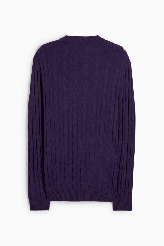 Men - Jumper with cashmere - wool blend - cable knit pattern - purple