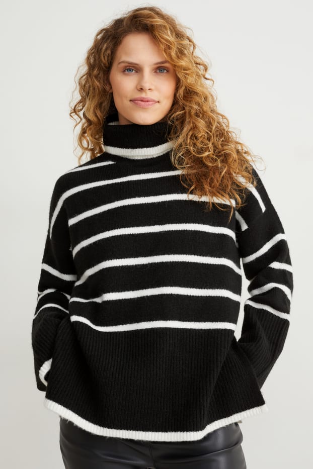 Women - Polo neck jumper - striped - black