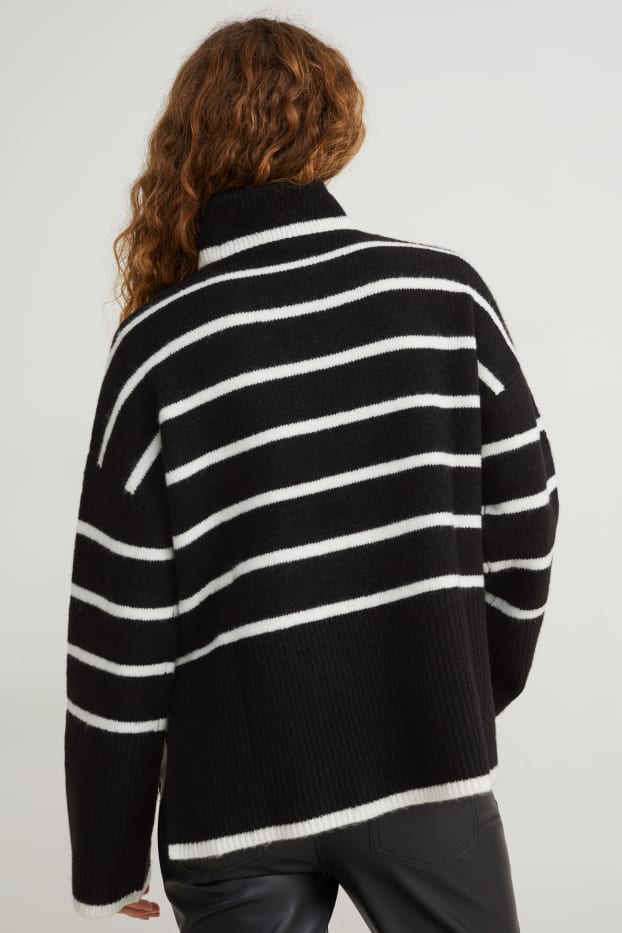 Women - Polo neck jumper - striped - black