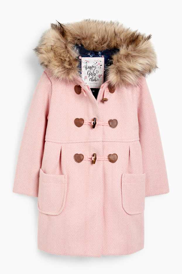 Enfants filles - Manteau à capuche et garniture en imitation fourrure - rose