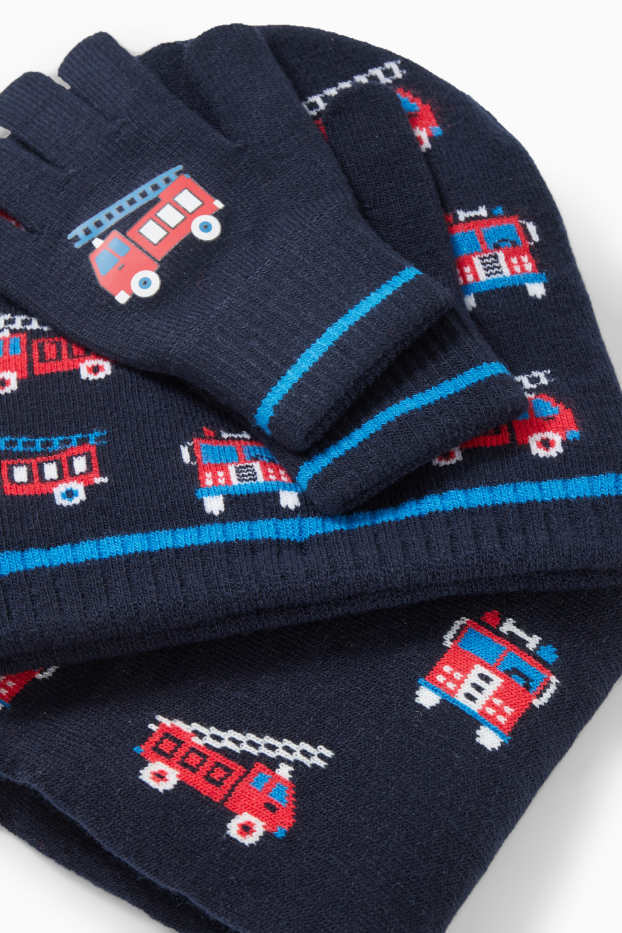Enfants garçons - Ensemble - bonnet, tour de cou et gants - 3 pièces - bleu foncé
