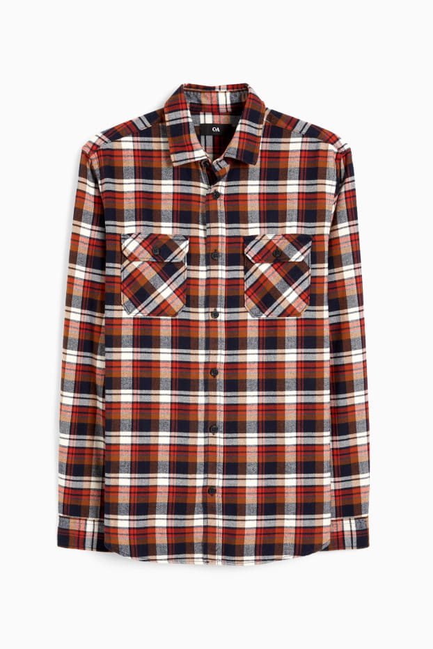 Men - Flannel shirt - regular fit - Kent collar - check - brown