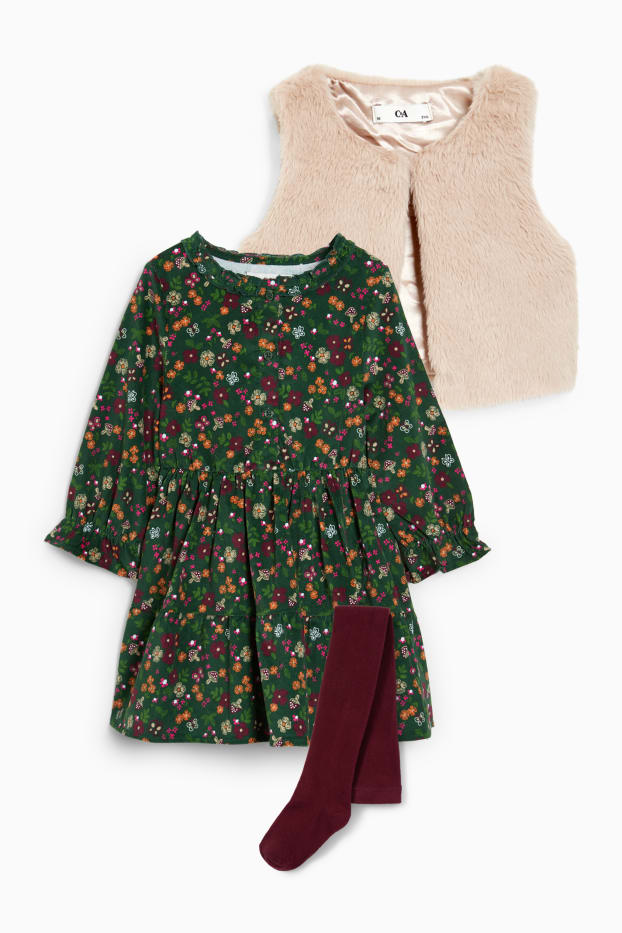 Kinder Mädchen - Set - Kleid, Weste und Strumpfhose - 3 teilig - dunkelgrün