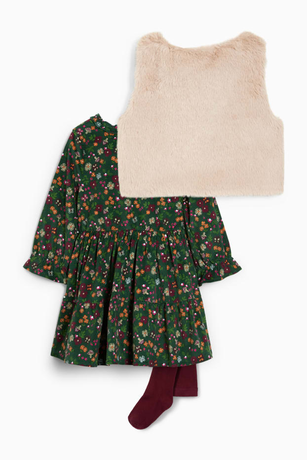 Kinder Mädchen - Set - Kleid, Weste und Strumpfhose - 3 teilig - dunkelgrün