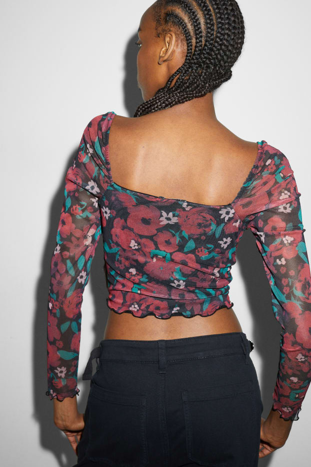 Damen - Crop Langarmshirt - geblümt - schwarz