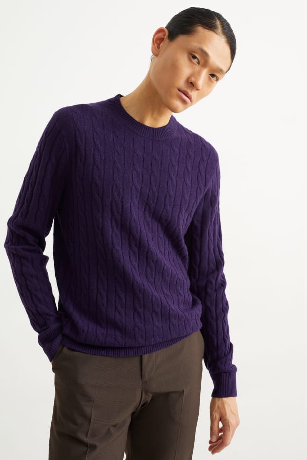 Men - Jumper with cashmere - wool blend - cable knit pattern - purple
