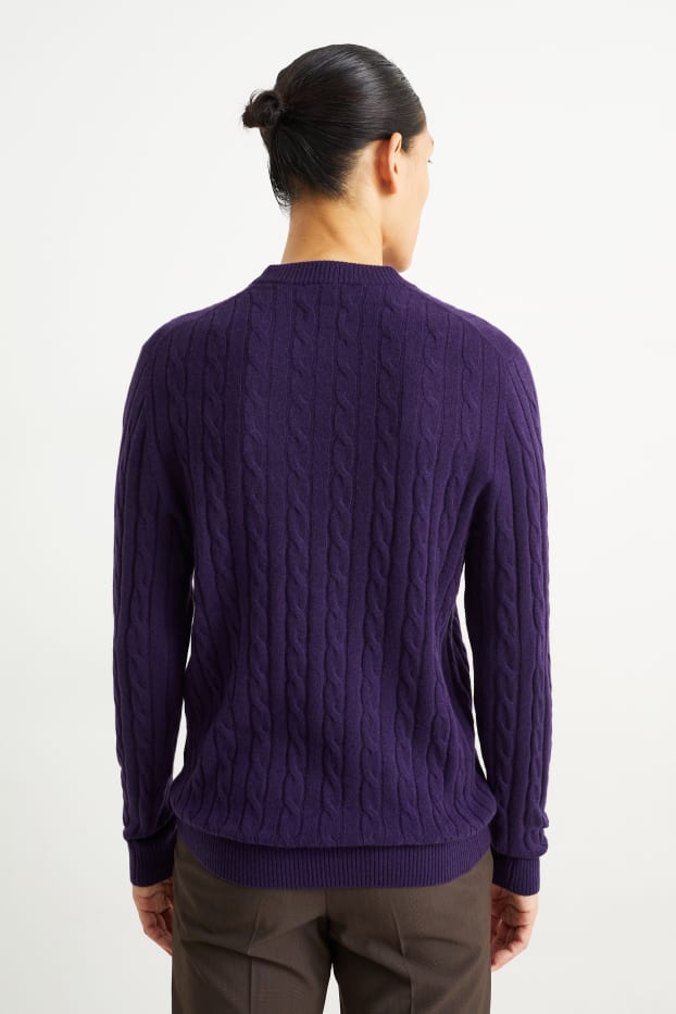 Men - Jumper with cashmere - wool blend - cable knit pattern - purple