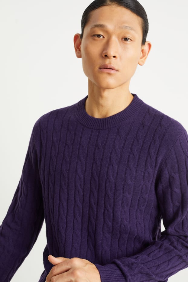 Men - Jumper with cashmere - wool blend - cable knit pattern - purple