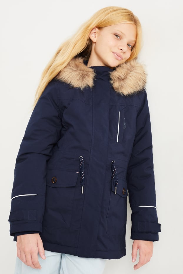 Enfants filles - Parka à capuche avec garniture d'imitation fourrure - imperméable - bleu foncé