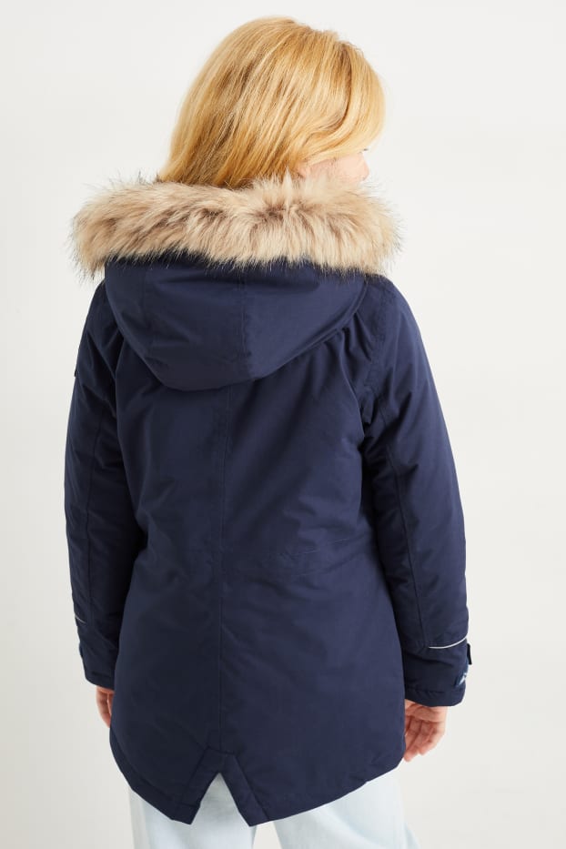 Enfants filles - Parka à capuche avec garniture d'imitation fourrure - imperméable - bleu foncé