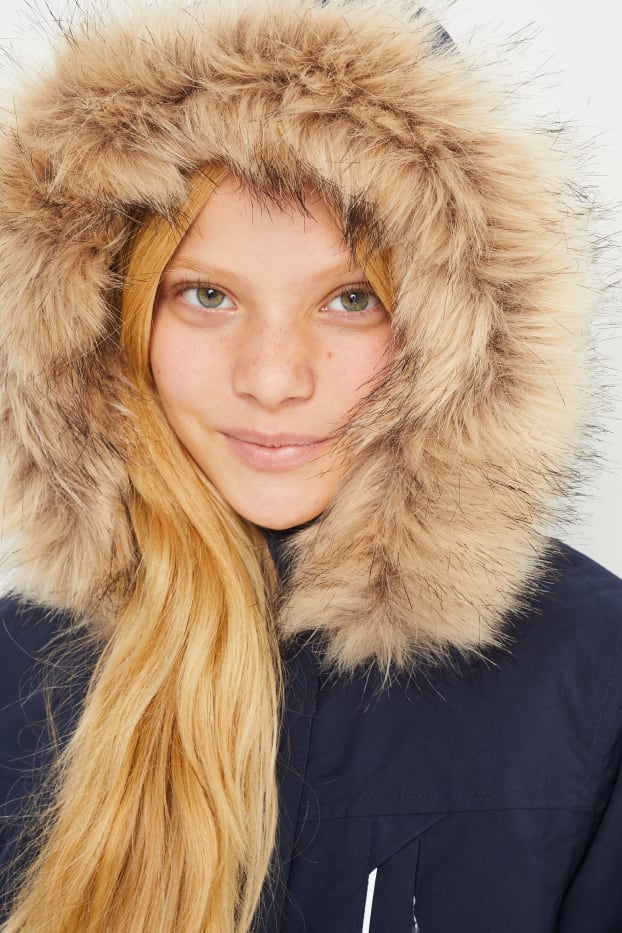Enfants filles - Parka à capuche avec garniture d'imitation fourrure - imperméable - bleu foncé