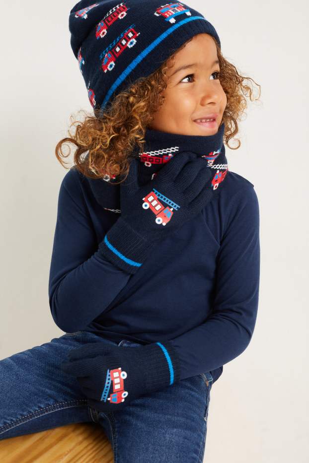 Enfants garçons - Ensemble - bonnet, tour de cou et gants - 3 pièces - bleu foncé