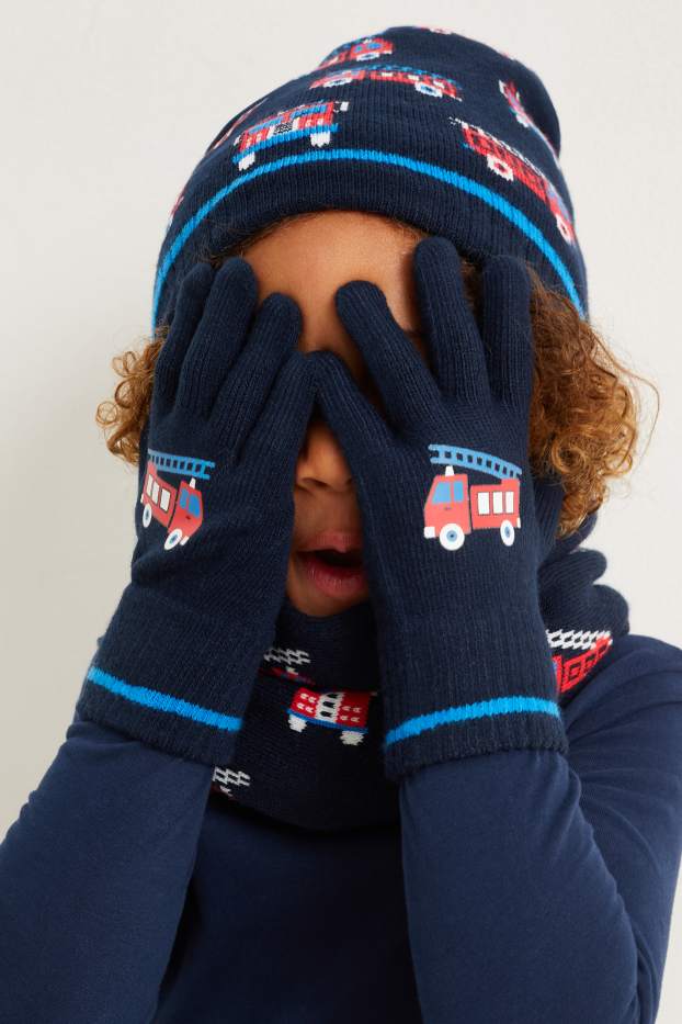 Enfants garçons - Ensemble - bonnet, tour de cou et gants - 3 pièces - bleu foncé