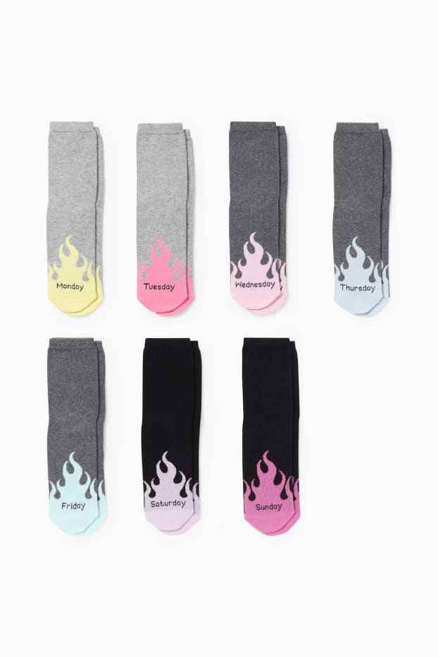 Enfants filles - Lot de 7 paires - jours de la semaine - chaussettes à motif - noir / gris