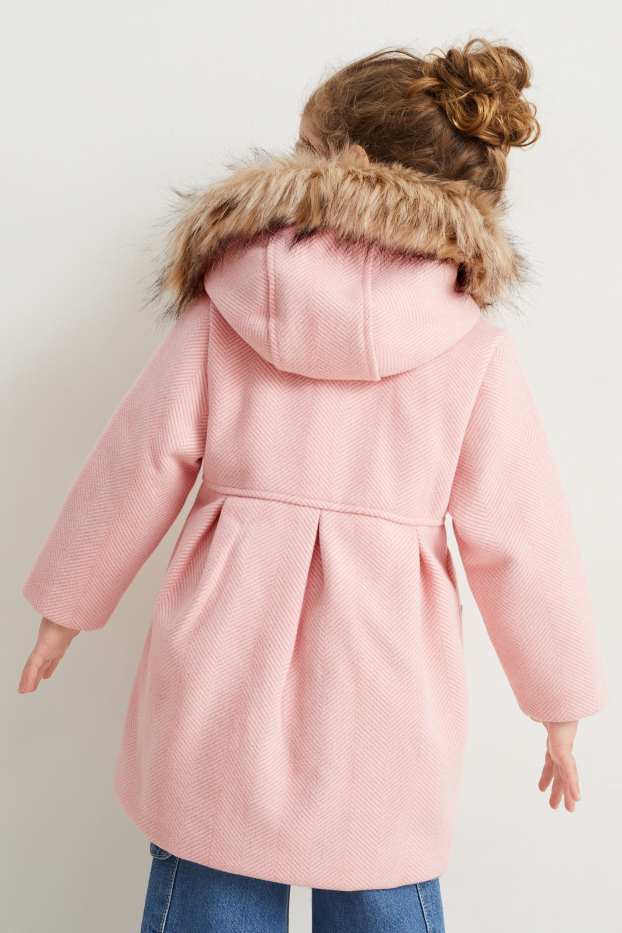 Enfants filles - Manteau à capuche et garniture en imitation fourrure - rose