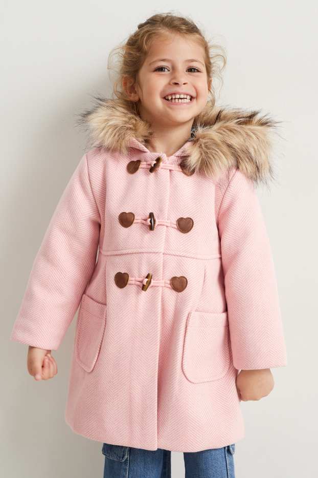 Enfants filles - Manteau à capuche et garniture en imitation fourrure - rose