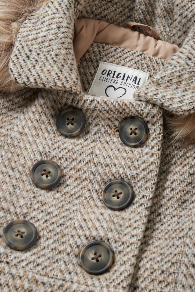 Kinderen: meisjes - Jas met capuchon en imitatiebontrandje - beige