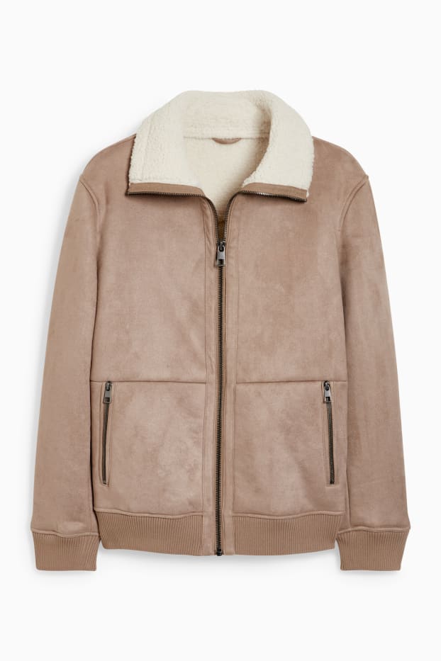 Heren - Imitatie shearling jas - imitatiesuède - taupe