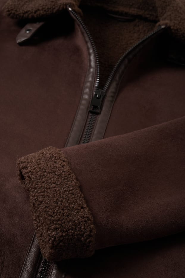 Herren - Faux Shearling Jacke - Velourslederimitat - dunkelbraun