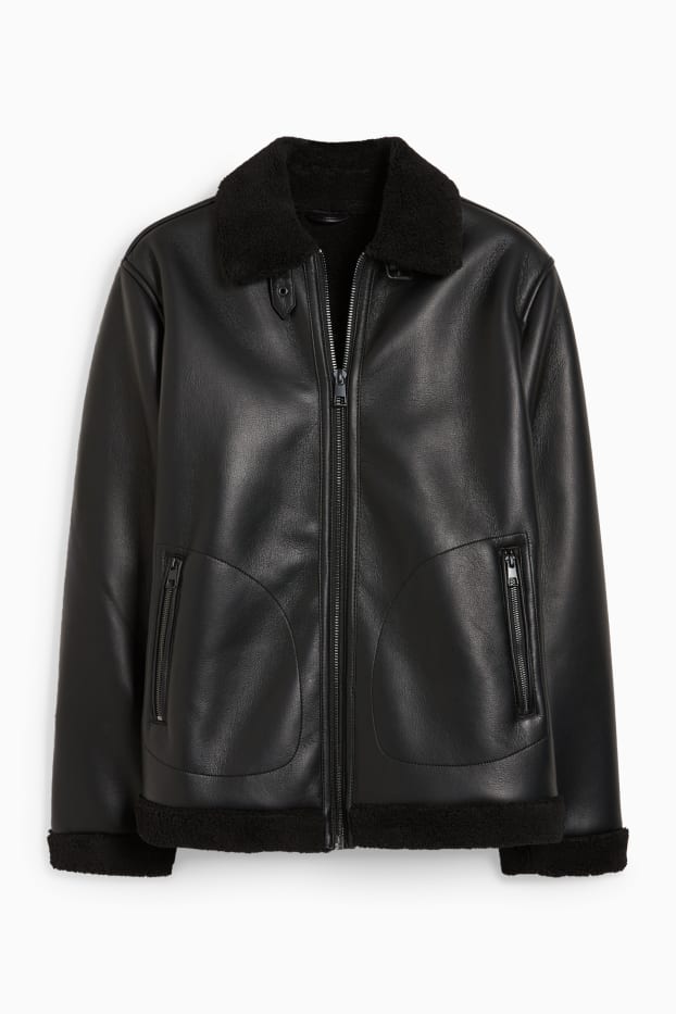 Men - Faux shearling jacket - faux leather - black