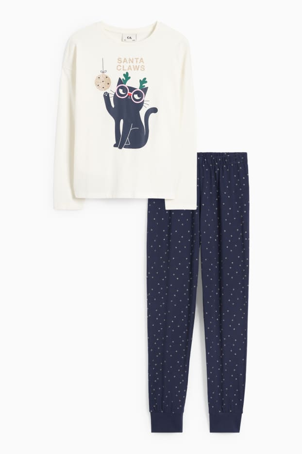 Kinder Mädchen - Katze - Weihnachts-Pyjama - 2 teilig - cremeweiss