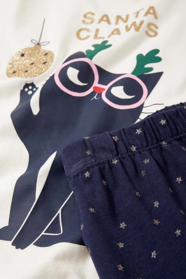 Kinder Mädchen - Katze - Weihnachts-Pyjama - 2 teilig - cremeweiss