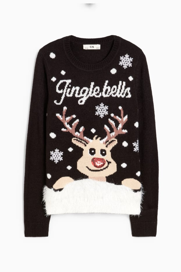 Enfants filles - Renne - pull de Noël - noir