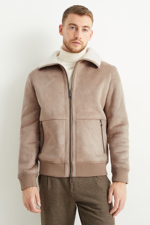 Heren - Imitatie shearling jas - imitatiesuède - taupe