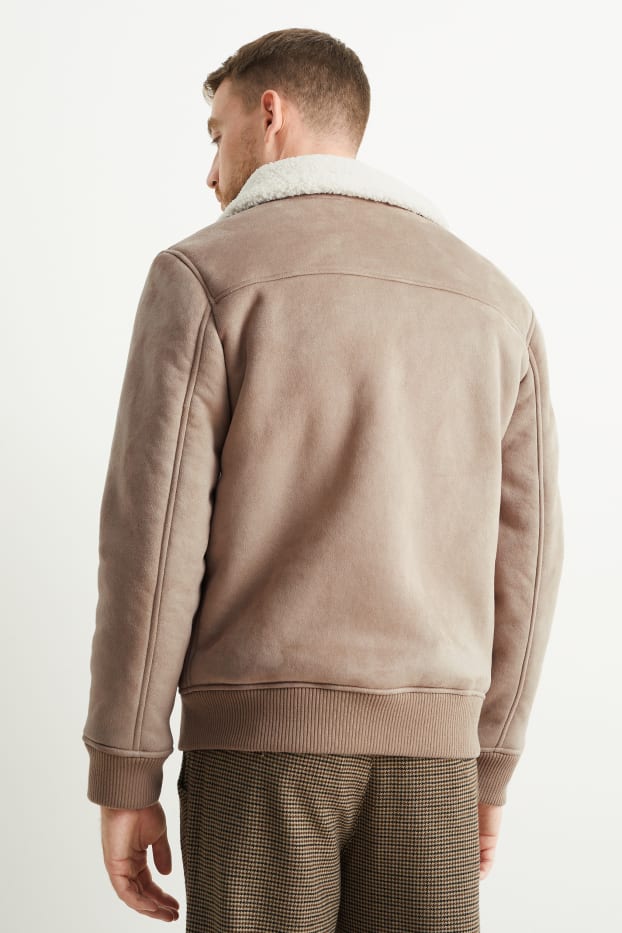 Heren - Imitatie shearling jas - imitatiesuède - taupe