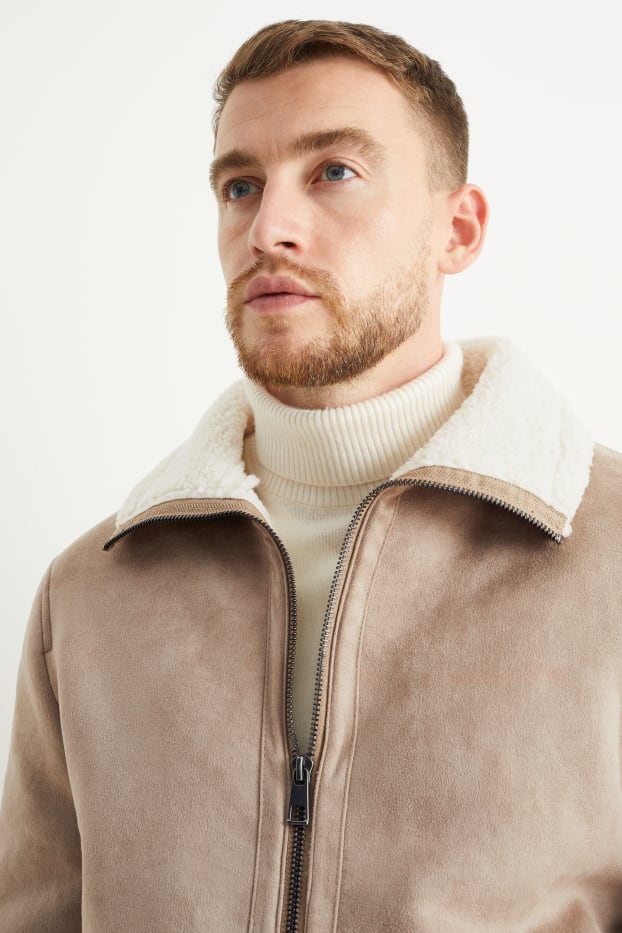 Heren - Imitatie shearling jas - imitatiesuède - taupe