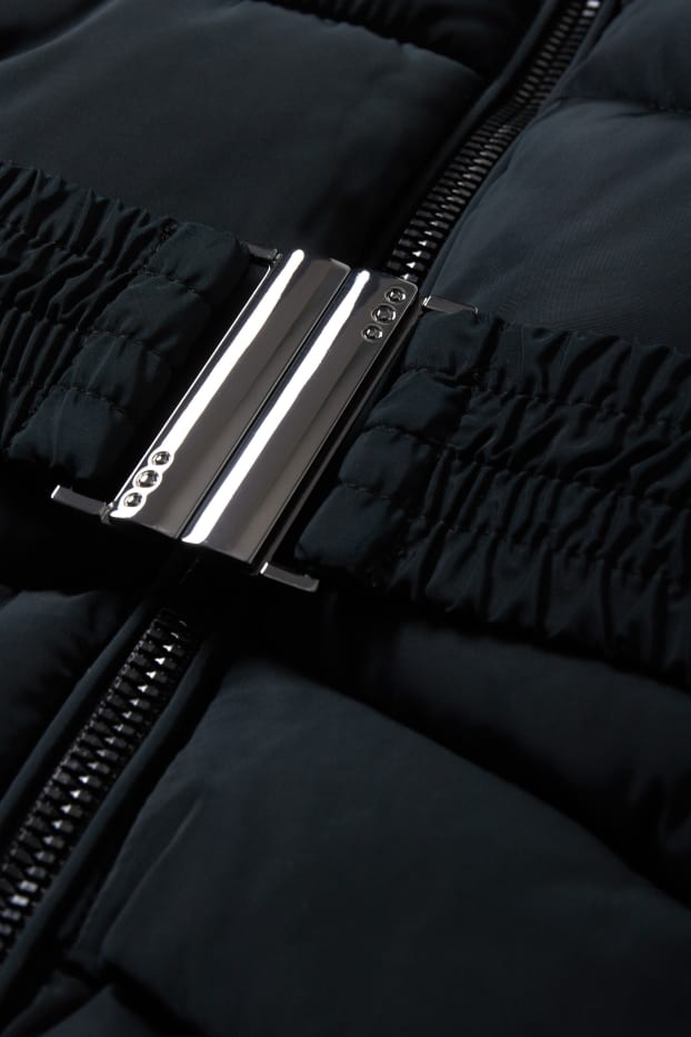 Kinderen: meisjes - Gewatteerde jas met capuchon en rand van imitatiebont - zwart