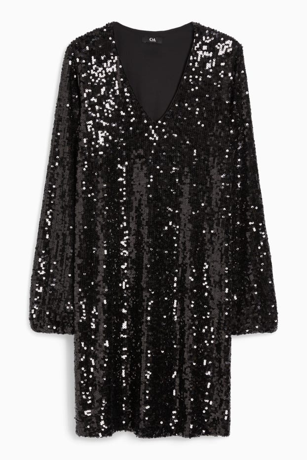 Femmes - Robe en sequins de forme évasée avec encolure en V - noir