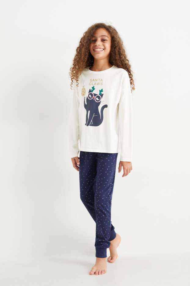 Kinder Mädchen - Katze - Weihnachts-Pyjama - 2 teilig - cremeweiss