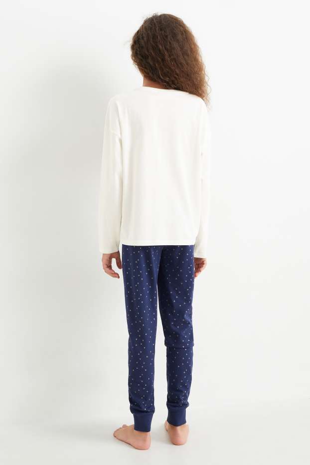 Kinder Mädchen - Katze - Weihnachts-Pyjama - 2 teilig - cremeweiss