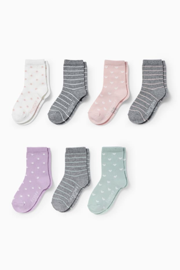 Kinderen: meisjes - Set van 7 paar - sokken - met patroon - grijs / geel