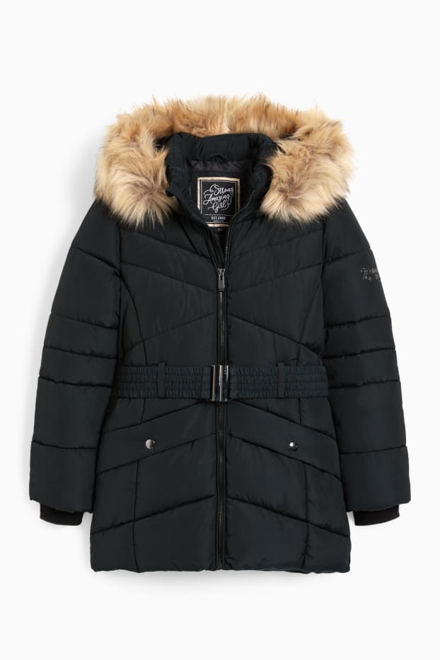 Kinderen: meisjes - Gewatteerde jas met capuchon en rand van imitatiebont - zwart