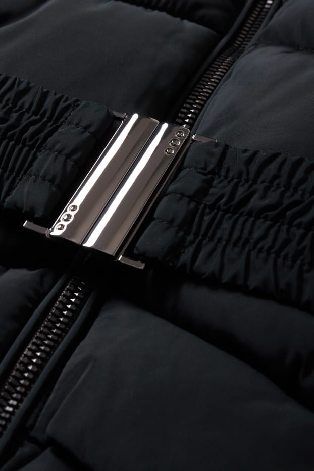 Kinderen: meisjes - Gewatteerde jas met capuchon en rand van imitatiebont - zwart