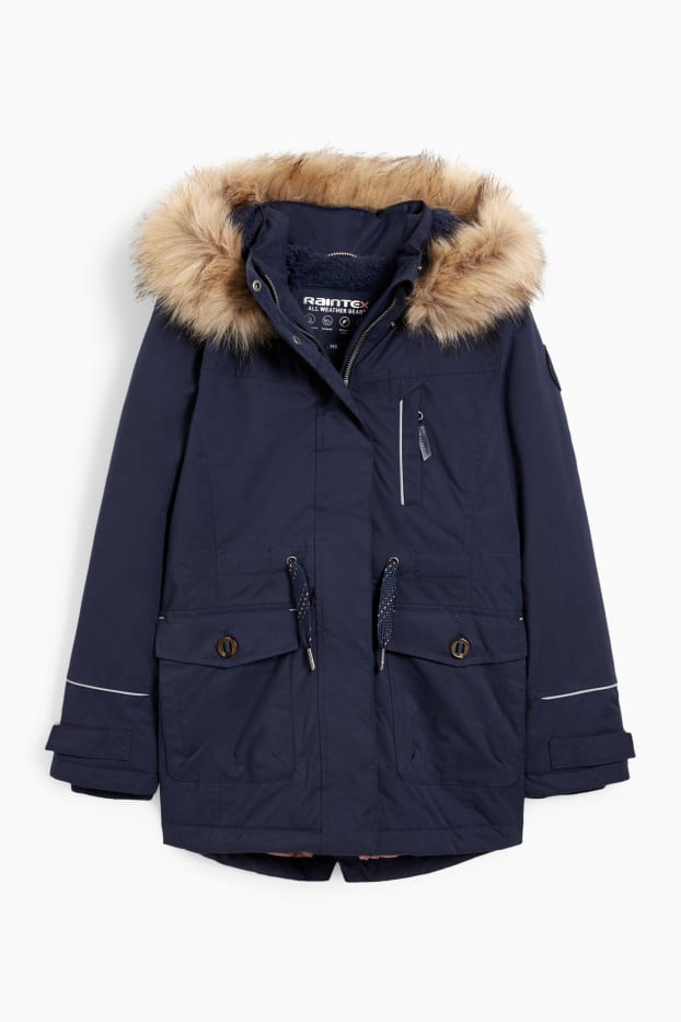 Enfants filles - Parka à capuche avec garniture d'imitation fourrure - imperméable - bleu foncé