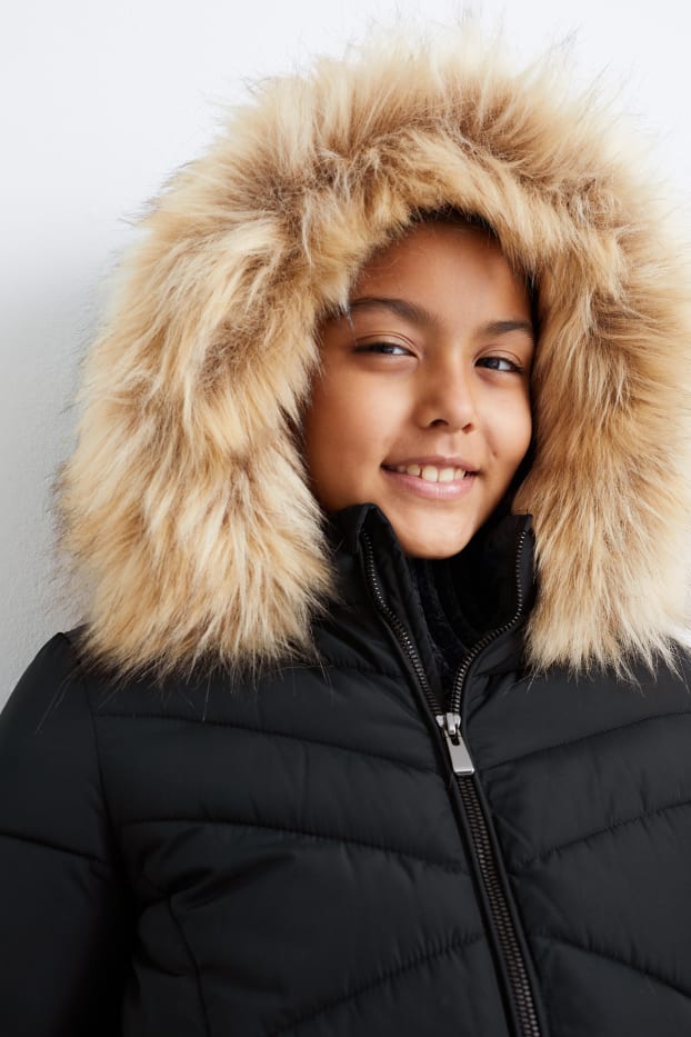 Kinderen: meisjes - Gewatteerde jas met capuchon en rand van imitatiebont - zwart