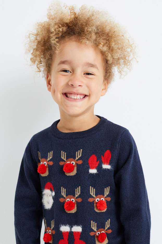 Kinder Jungen - Weihnachtspullover - Weihnachtsmann und Rudolf - dunkelblau