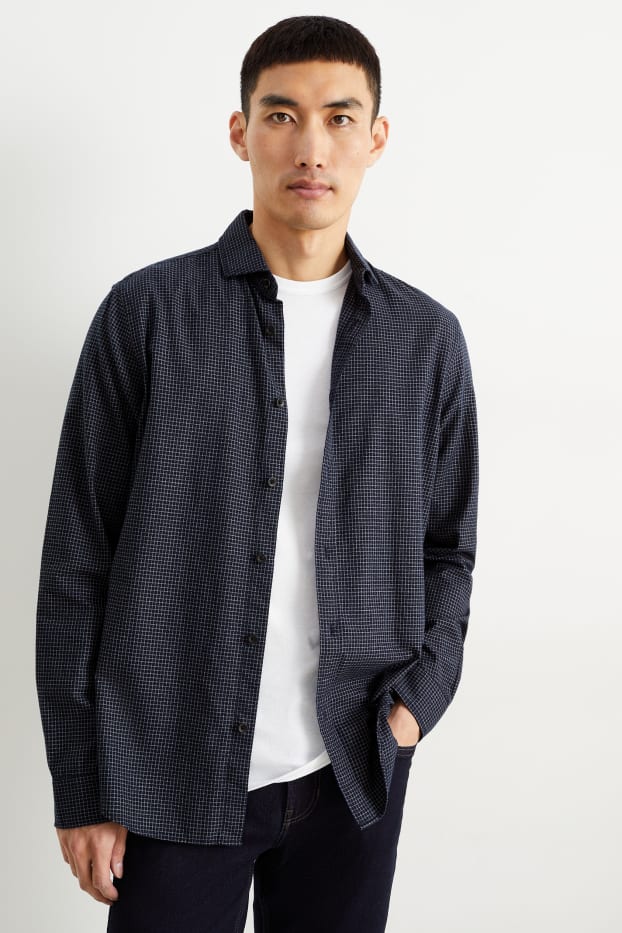 Home - Camisa - regular fit - cutaway - de quadres - blau fosc / blanc