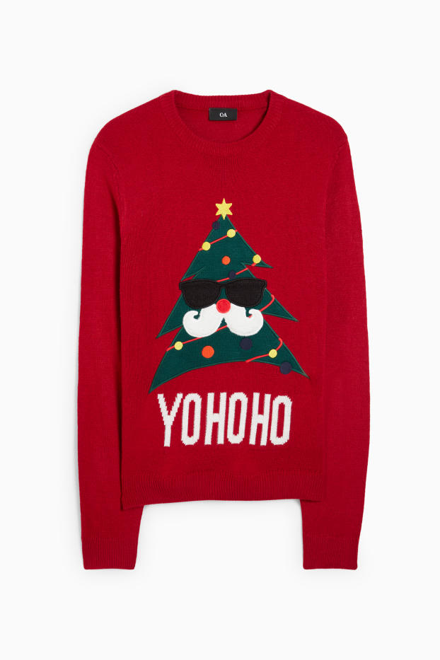 Uomo - Maglione natalizio - albero di Natale - rosso scuro