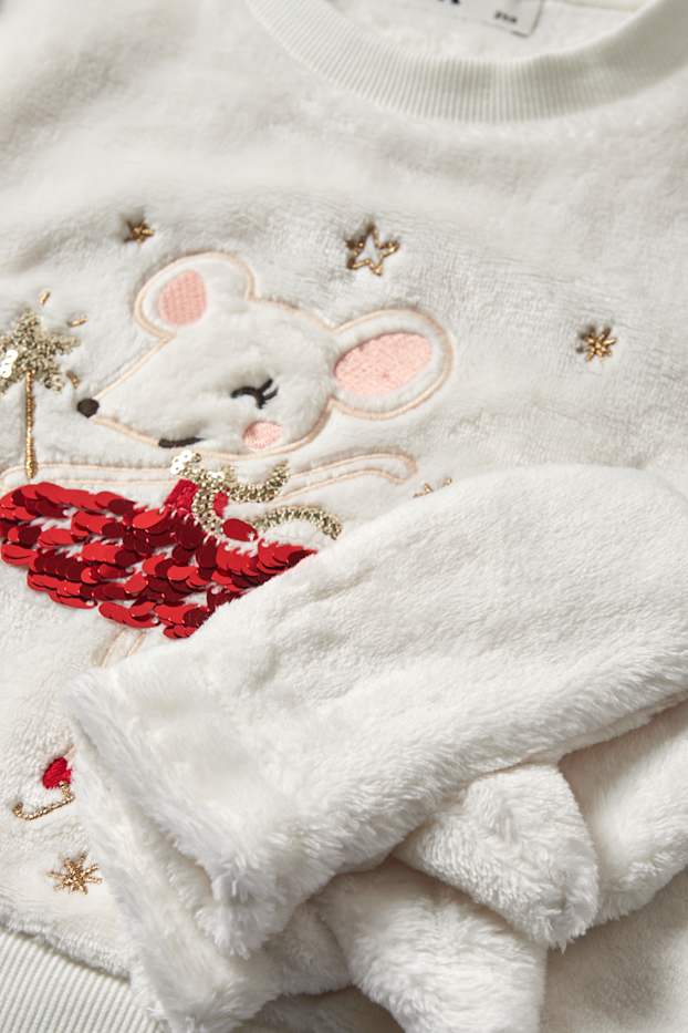 Kinder Mädchen - Maus - Weihnachts-Set - Pullover und Fäustlinge - 2 teilig - cremeweiß